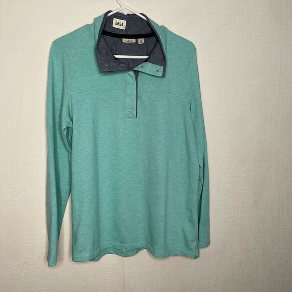 LL Bean Shirt Mens Size M Blue Mock Neck‎ Pullover Long Sleeve Cotton Buttons - Picture 1 of 8